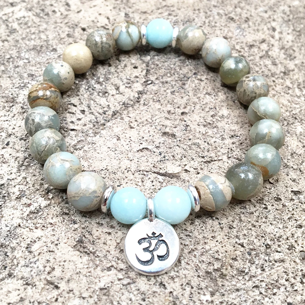 Ruberthen 8 MM Aqua Terra Jasper Bracelet Natural Gemstone Beaded Bracelet Ohm Charm Yoga Bracelet Womens Mala Bracelet