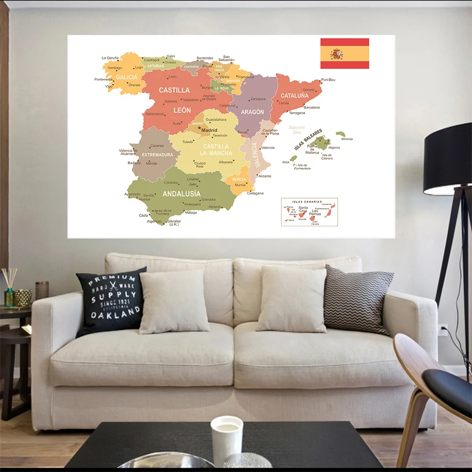 Mapa político da espanha, pintura em tela não-tecida, pôster de parede, decoração de escritório, material escolar, 150*100 cm, em espanhol