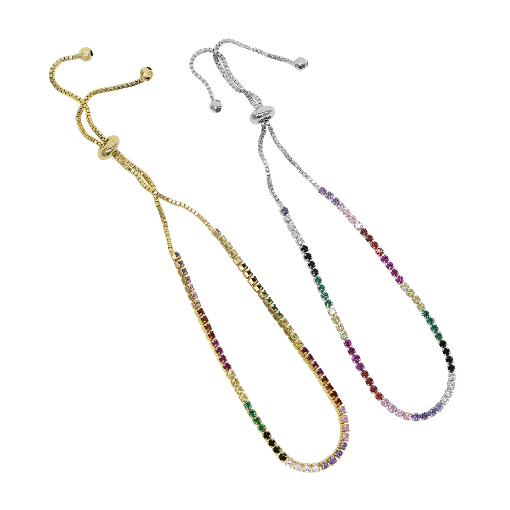Wholesale Colorful Round Rainbow Color Charm AAA+ CZ Slider Adjustable Dainty Tiny Thin Bracelets Bling Bling Jewelry For Women