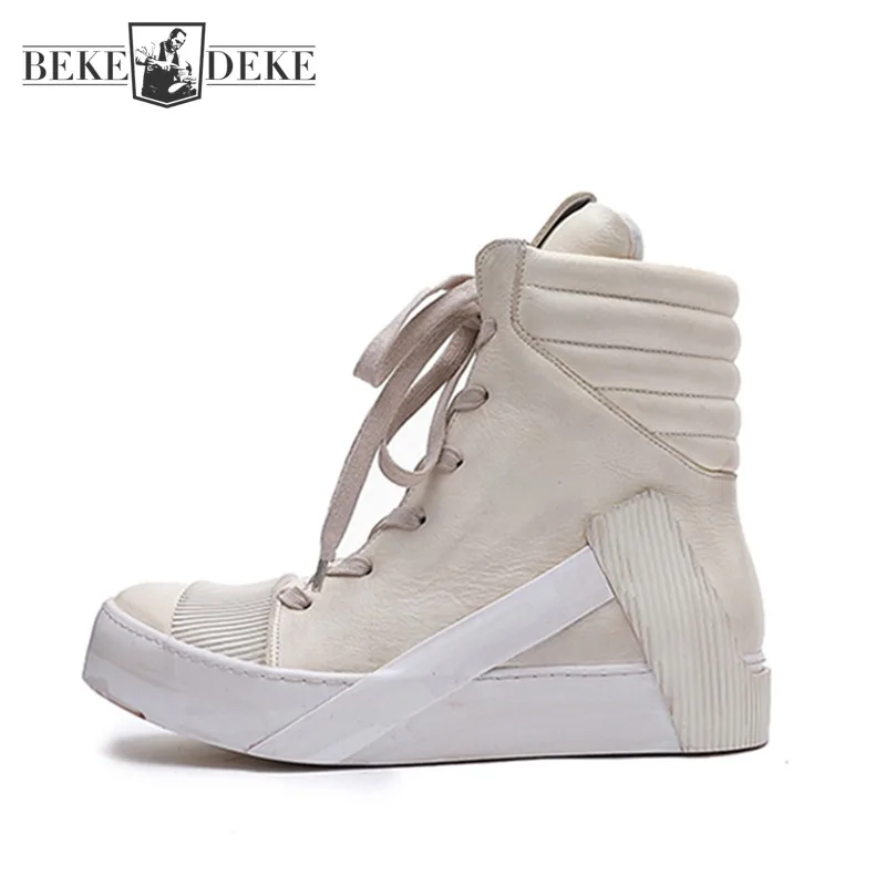 Brand Handmade Vintage High Top Sneakers Mens Genuine Leather Boots Hip Hop Punk Shoes High Quality Real Cowhide Casual Shoes