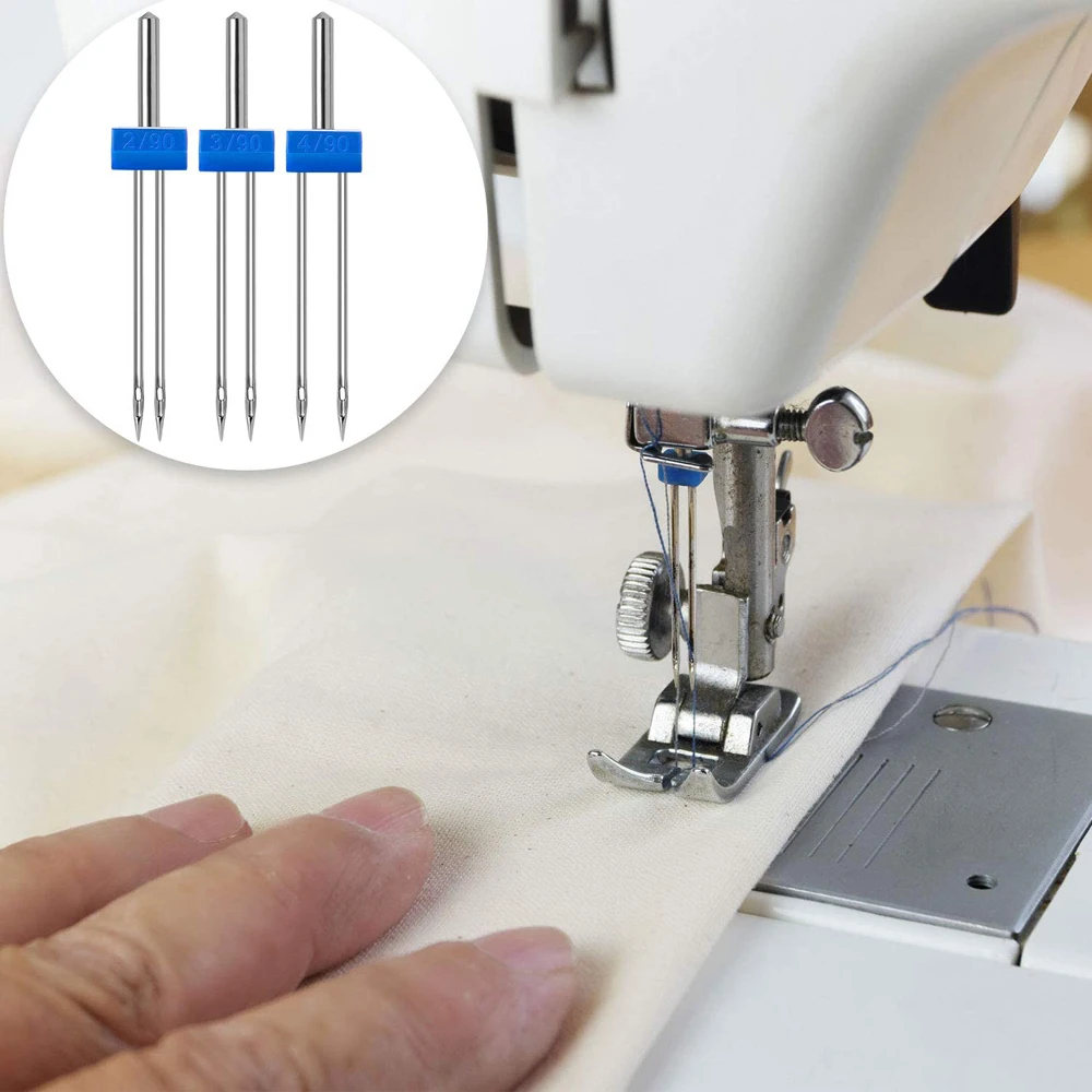 9pcs Sewing Machine Twin Needles Double Twin Stretch Needles Pins with Automatic Needle Threader for Household Sewing Machine