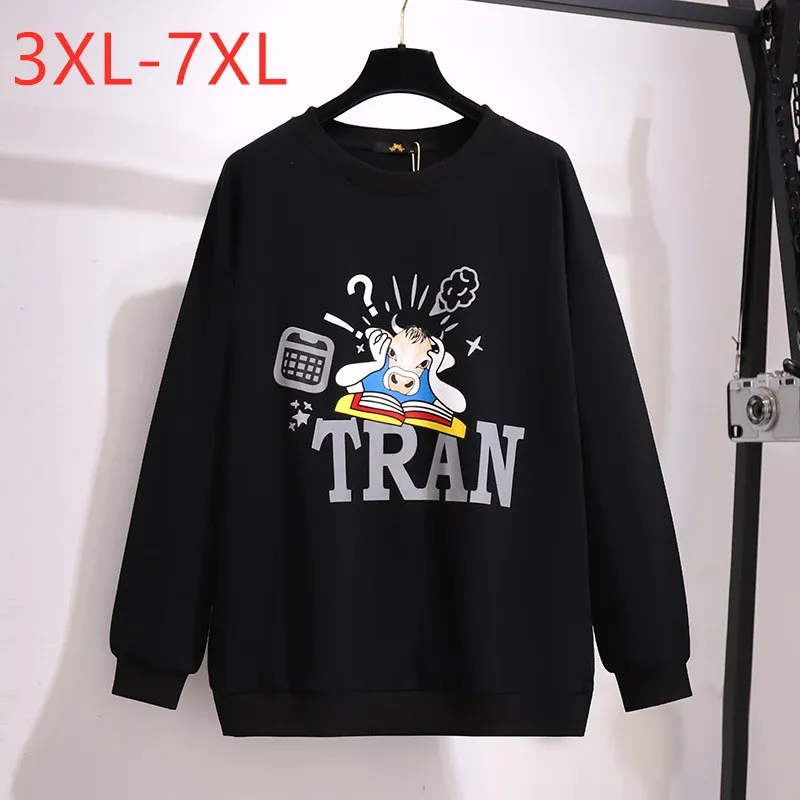 Mới Mùa Xuân, Mùa Thu 2021 Plus Size Nữ Quần Áo Oversize Áo Thun Cổ Dài Tay Đen In Áo Phối 4XL 5XL 6XL 7XL