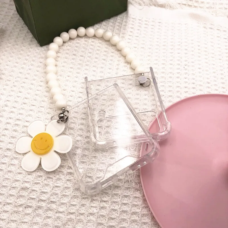Pulseira de flor amarela para samsung galaxy z flip, caixa de telefone, miçangas de moda, corrente manual, bonito, claro, acrílico, diy, 3, flip 4, 5