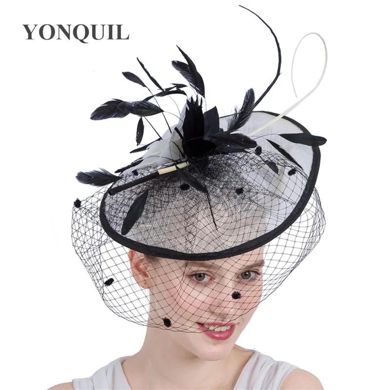 Big Wedding Fascinator Hats Elegant Women Ladies Feather Hair Fascinator Veils Dot Headpiece For Race New Year Chapeau Caps