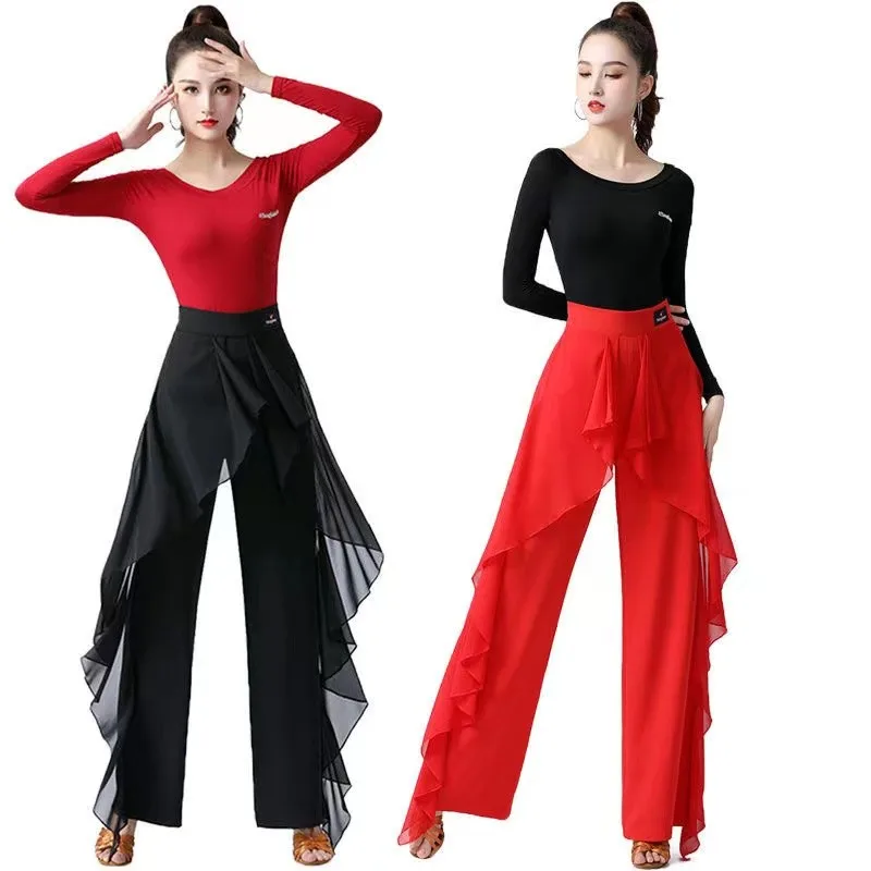 Pantalones de baile latino para práctica de baile de salón, pantalones de pierna ancha, pantalones de baile moderno, Pantalones anchos con volantes de cintura alta para mujer, 5XL