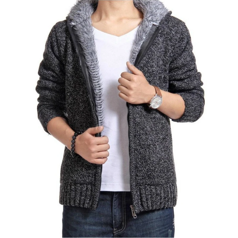 Autumn Winter Men's Thick Hooded Sweatercoat Collar Zipper Sweater Jacket Coat Outerwear Winter Fleece Liner Sweaters Cardigan