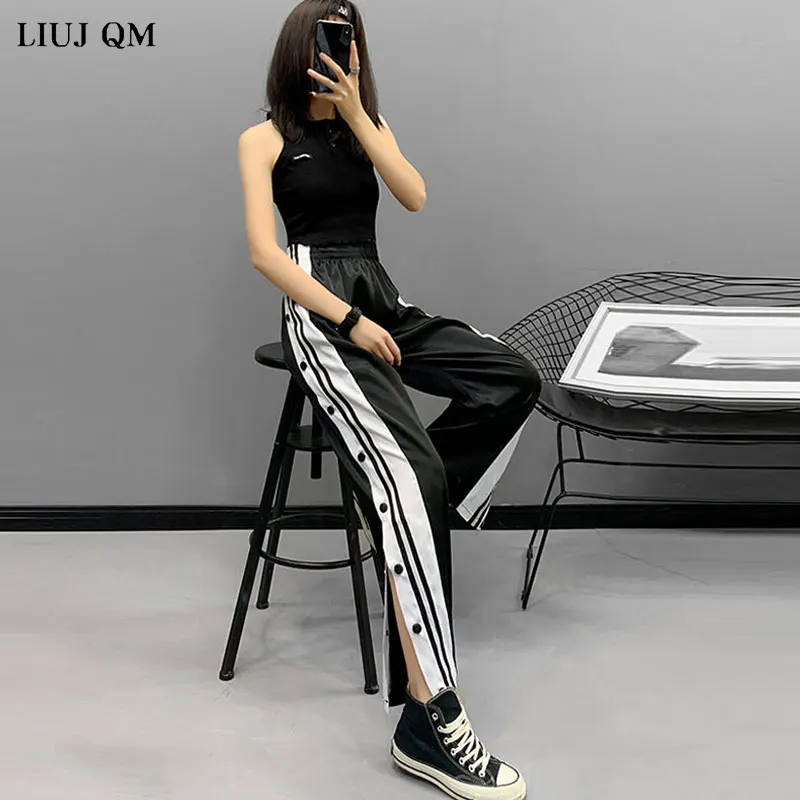2024 Autumn Women Joggers Sweatpants Casual Wide Leg Pants Women Stripe Hip Hop Sweat Pants Streetwear Women Button Trousers