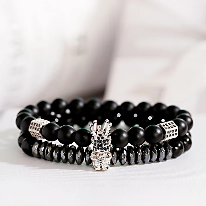 Luxury Men Stone Beads Skull Erkek Bileklik Bracelet Set Black CZ Crown Copper Bracelets For Women Pulseras Mujer