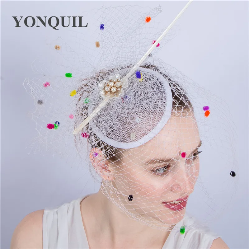 

Fashion Wedding Hat Fascinators For Bride Cute Mesh Headwear Floral With Colorful Dots Veils Women Banquet Party Headpiece