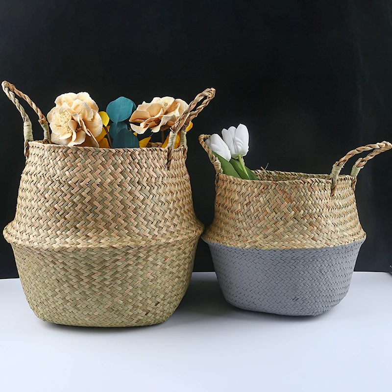 Handmade Bamboo Storage Baskets Foldable Laundry Straw Patchwork Wicker Rattan Seagrass Belly Garden Flower Pot Planter Basket