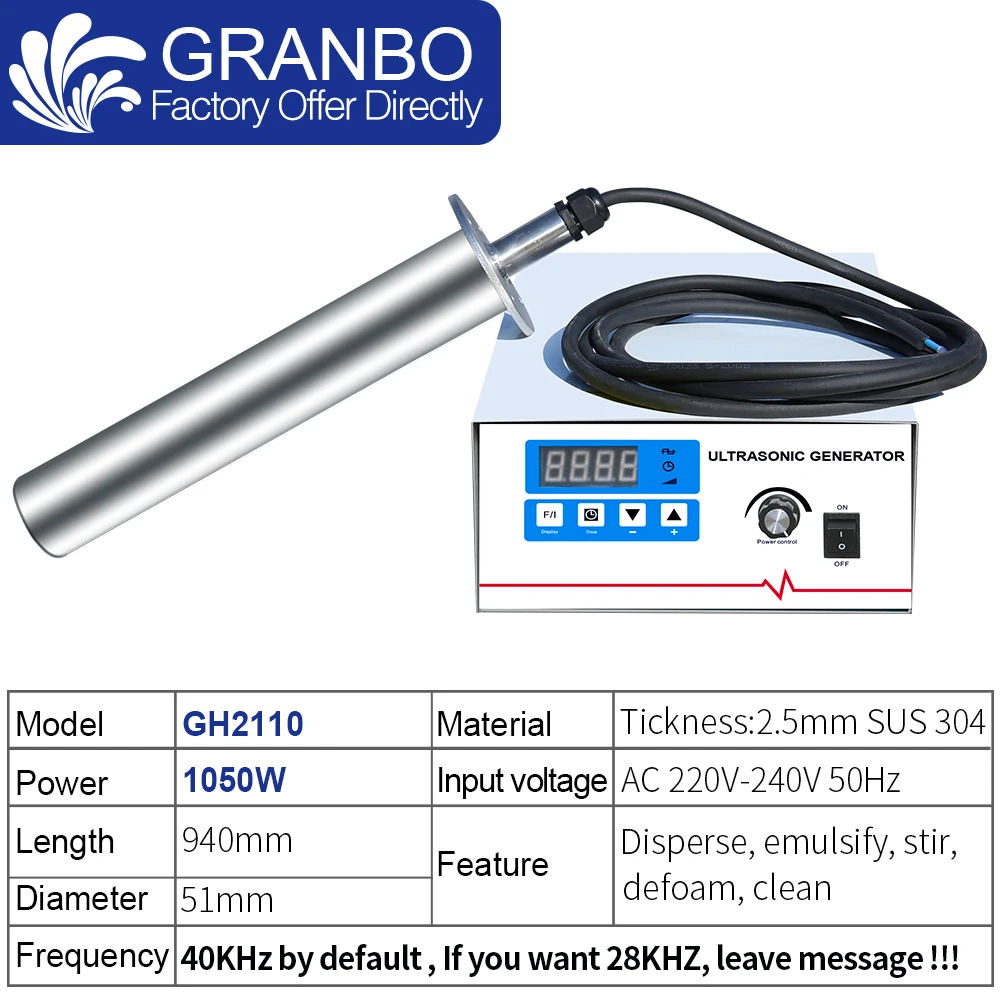 Granbo Powerful Ultrasonic Immersible Transducer Vibrator Bar 1050W 28/40KHz SUS304 Cleaning Device for Medical Chemistry Lab