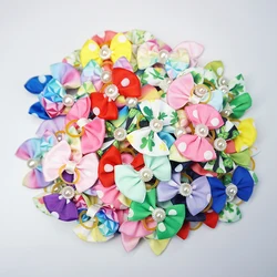 100 pieces Cute Printing Pet Hair Bows Dog Hair Accessories Handmade Hair Clips With Elastic Rubber Band Dog Cat Christmas Gifts