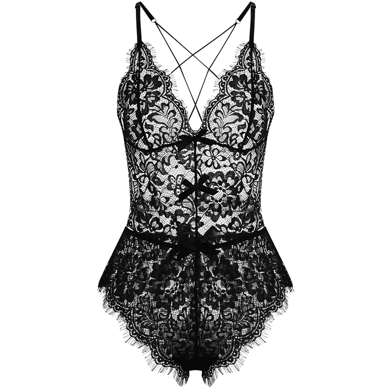 Black sexy lace V-Neck suspender jumpsuit cross straps backless beauty back perspective Nightwear bodysuit