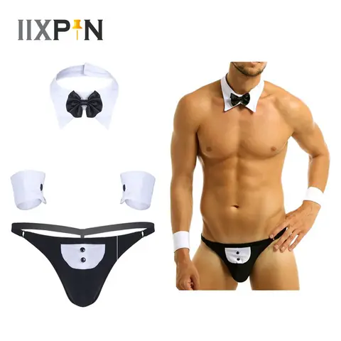 3Pcs Heren Ober Lingerie Pak Open Back Smoking G-string Thong Ondergoed Met Vlinderdas Kraag En Armbanden Cosplay Erotische set