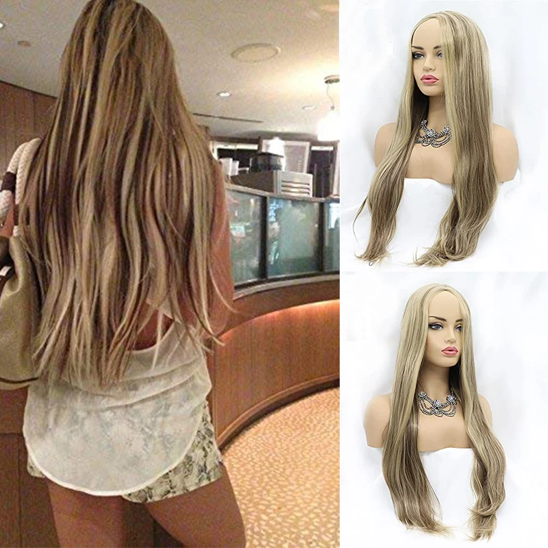 Long Synthetic Mixed Ombre Brown Blonde Silky Straight Full Made-Machine Non Lace Front Wigs For Black Women Hair Replacement