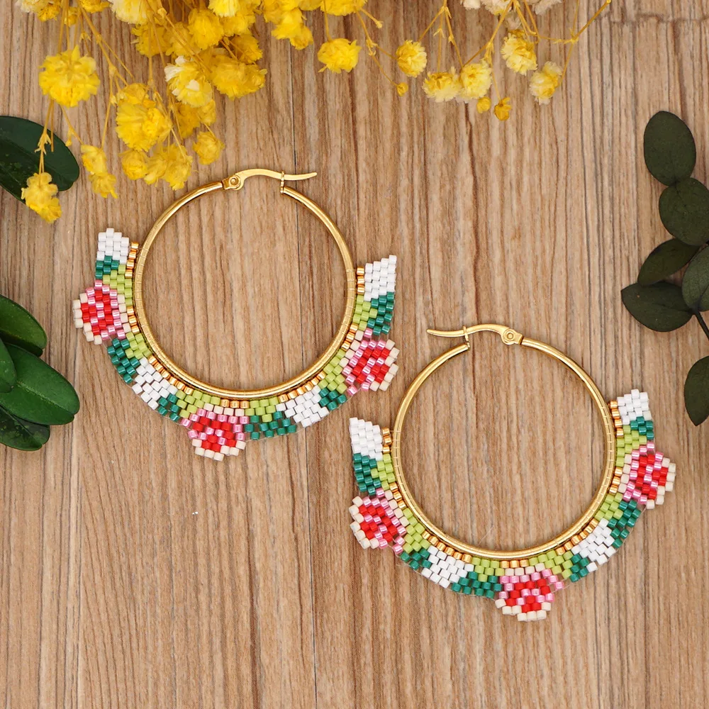 Rice Bead Earrings Simplicity Bohemia Ornaments Hand weaving Geometry Exaggeration Colour Daisies Flower Big ring earrings