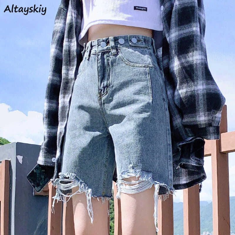 Shorts Women Vintage Summer Harajuku Causal Solid Retro High Waist Streetwear Cool Female Ins Chic Straight Denim Trouser Mujer