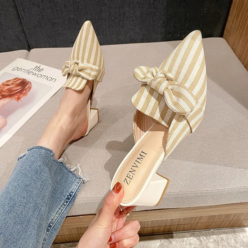 Woman Fashion Bowknot Striped Muller Shoes Pointed Toe Summer Square High Heels Women\'s Slippers Female Leisure Flip Flops 34-42