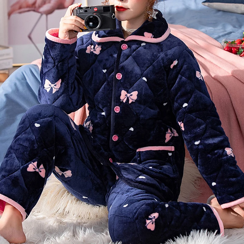 Winter Flannel Warm Women Pajama Female Set Plus Velvet Pajamas Cute Sleepwear Thick Home Clothes Suit Ladies Pyjama Plus Size