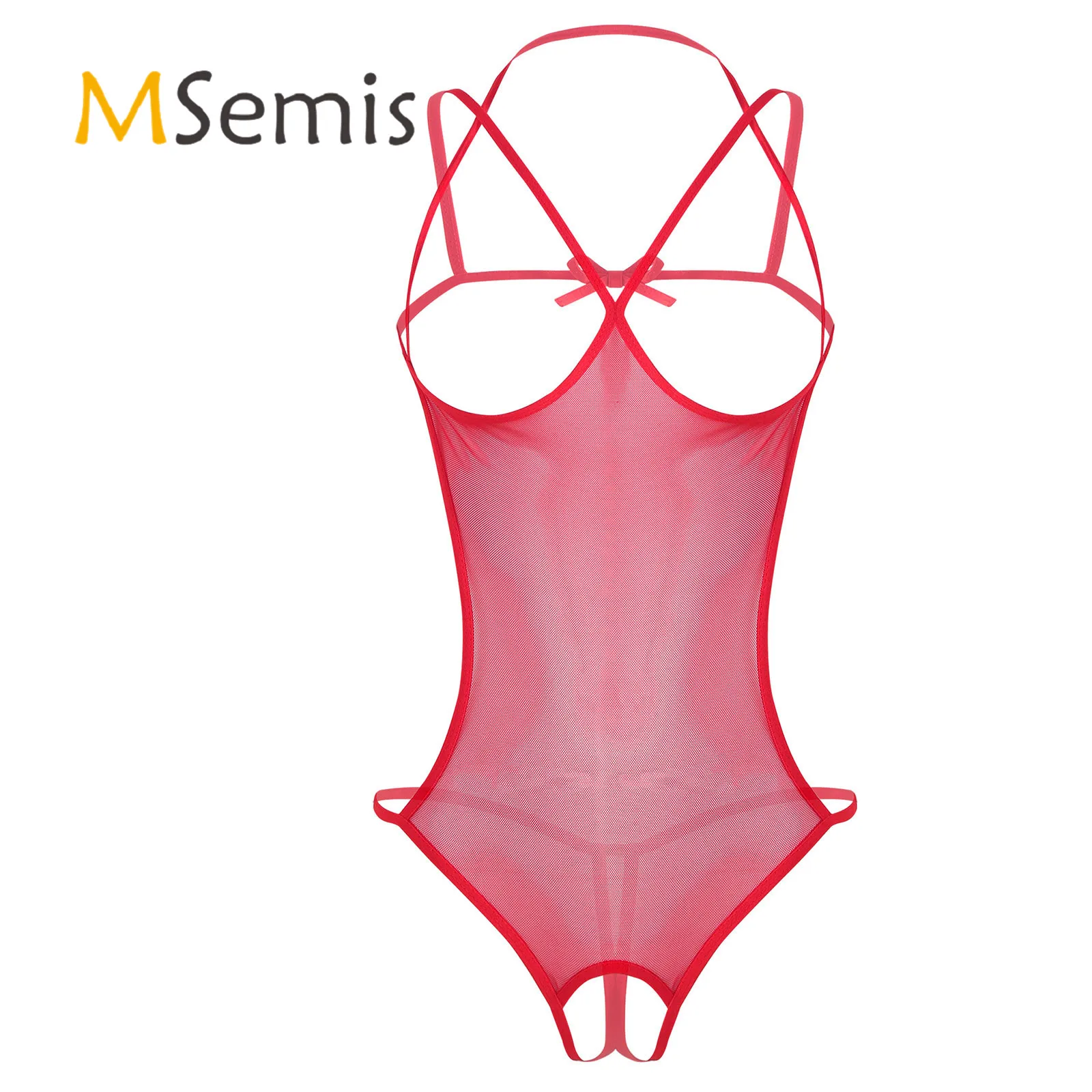 Womens Lingerie See-through Mesh Crotchless Bodysuit Hollow Out Halter Backless Open Cup Open Crotch Leotard Costume