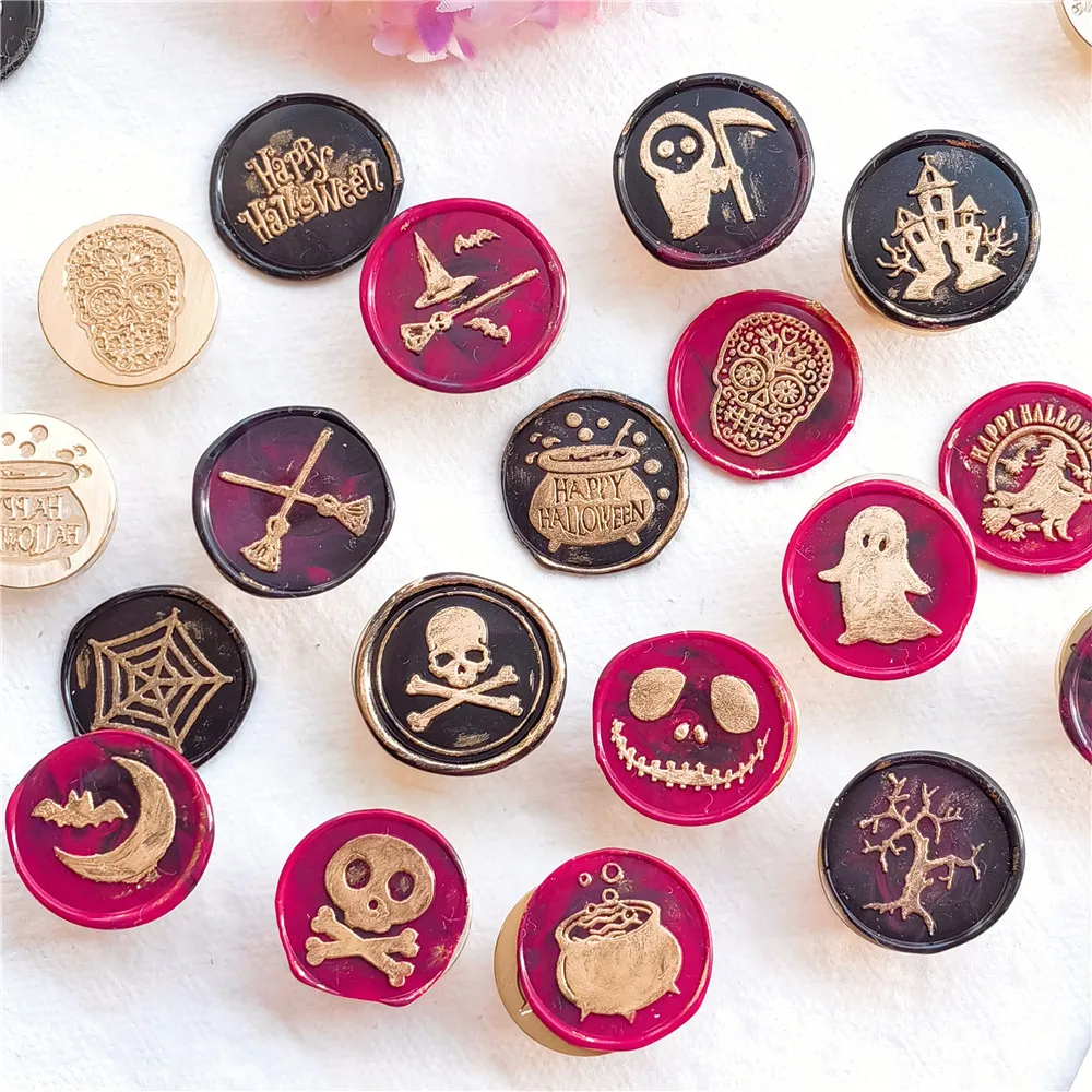 25mm Happy Halloween Wax Seal Stamps Witch Broom Skull Bat Pumpkin Sealing Stamp Head For Festival Happy Halloween Scrapbooking