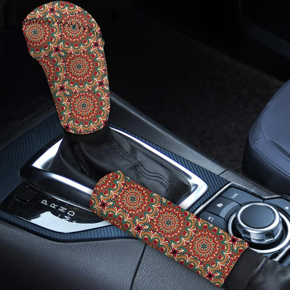 INSTANTARTS Fashion Bohemian Pattern Easy to Install Hand Brake Gear Cover Durable Automobile Trans-mission Rod Covers 2pcs/Set