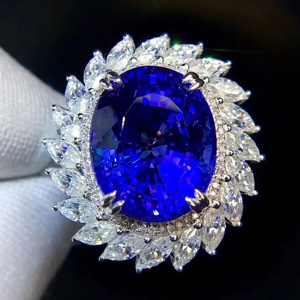 Luxury 5Carats Blue Crystal Sapphire Topaz Gemstones Diamonds Rings for Women 18k White Gold Filled Fine Jewelry Party Accessory