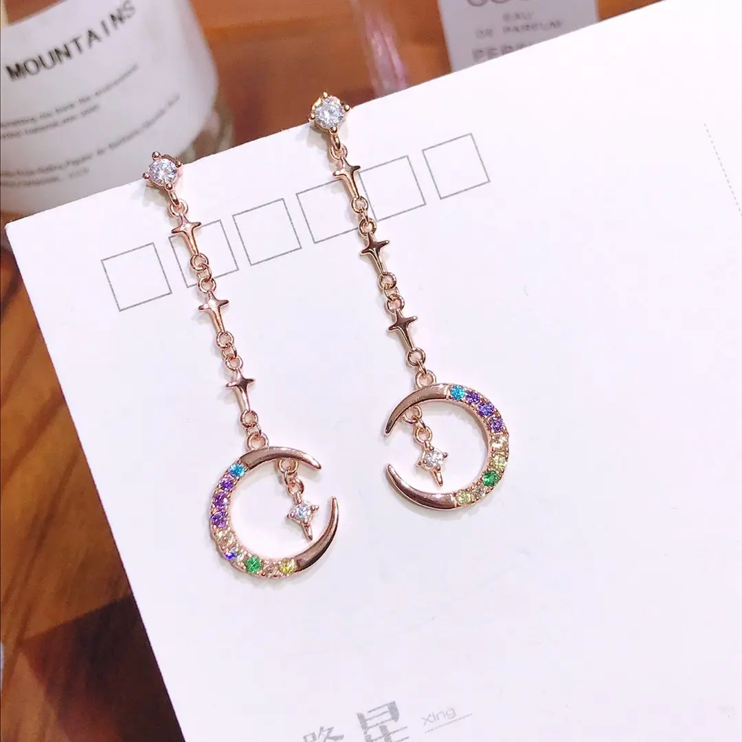 Lasting Shiny 925 Sterling Silver Noble Jewelry Drop Earrings Colorful Cool Moon Cube Zircon Pendant Women Style Not Easy Fade