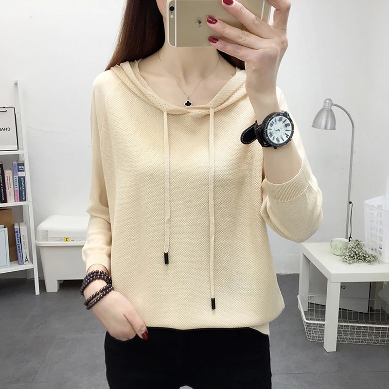 

LJSXLS Knitted Hooded Women Sweater White Loose Pullover Casual Clothes 2022 Autumn Winter Lace Up Long Sleeve Top Pull Femme