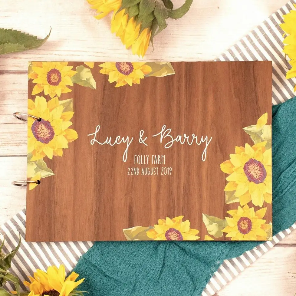 sunflowers-wedding-wooden-albumpersonalized-guest-book-alternativeyellow-custom-wooden-albumcustomized-signed-bookoutdoor