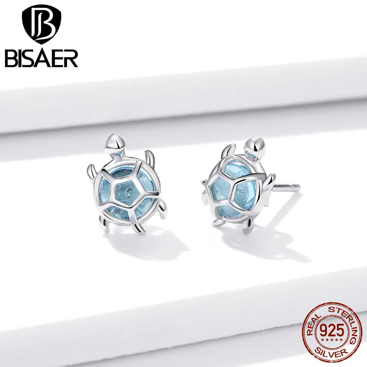 BISAER orecchini in argento Sterling 925 tartaruga marina vetro zircone blu placcato platumidiear per le donne Design originale gioielleria raffinata