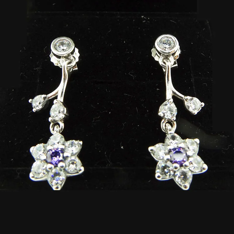 Forget Me Not Purple Clear CZ Drop Earrings Elegant Jewelry Making 925 Original Sterling Silver Fashion Earring