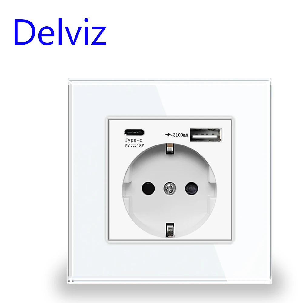 Delviz Type C Wall USB Outlet, 5V 3100mA With Double usb Ports, White Tempered Crystal Glass Panel, EU Standard 16A Power Socket