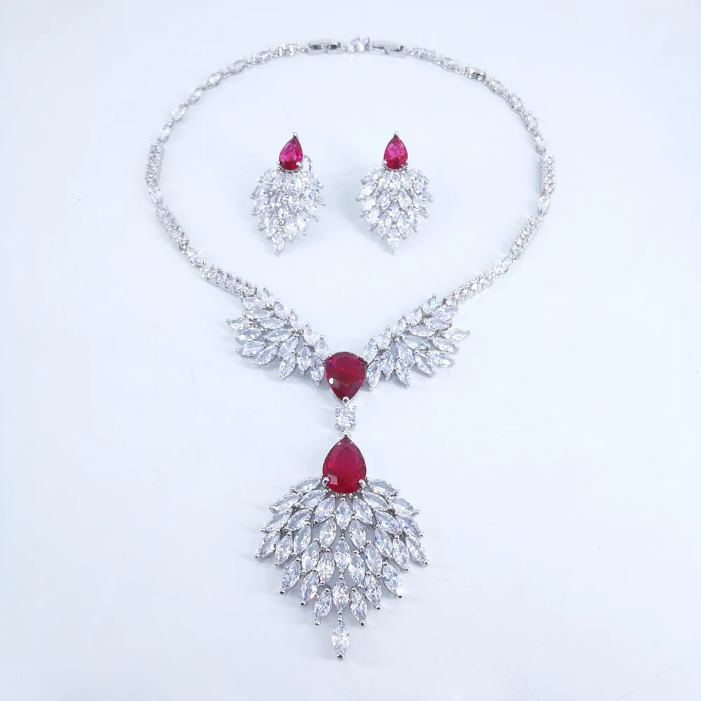 

2024 new fashion luxury retro v style red CZ zircon necklace earring,wedding bride dinner party formal jewelry set free shiping