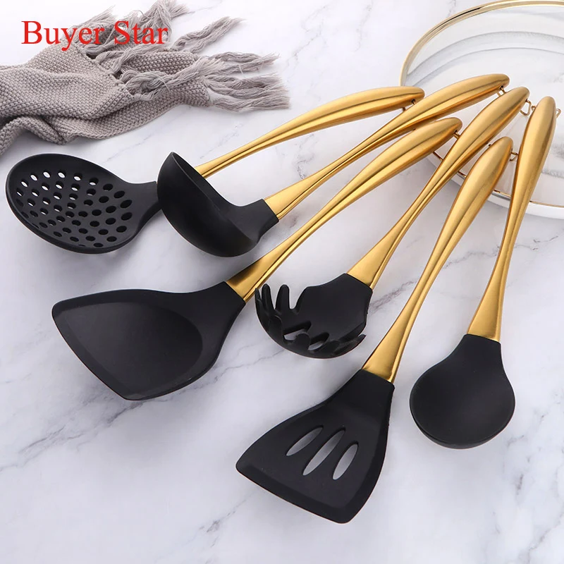 1pc Silicone Cooking Utensil Set Stainless steel Handle Spatula Soup Spoon Ladle Pasta Colander Non-stick Cookware Kitchen Tools