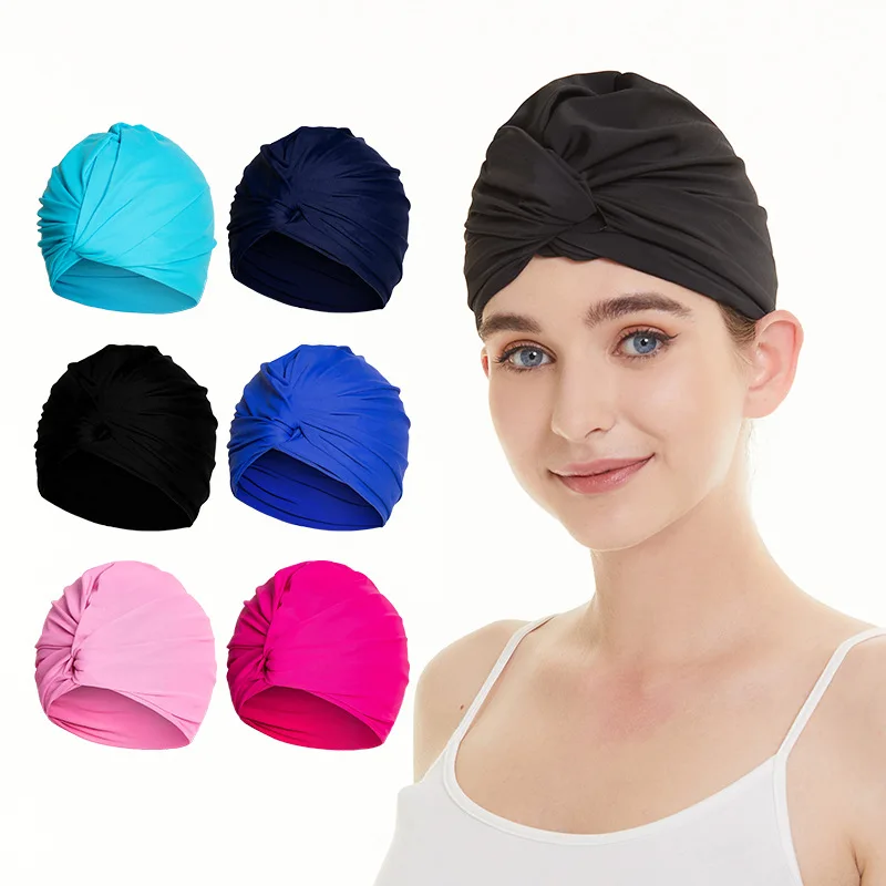 

Women Adjustable Swimming Cap Swim Pool Bathing Hat Protect Long Hair Ears Turban Pleated Fabric Headwear Yoga Caps Multi Colors