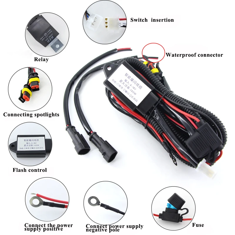 1 set Wiring Harness for Led motorcycle headlights Light Wire Cable Switch Relay Kit Motorcycle ATV Driving Light Flash Control