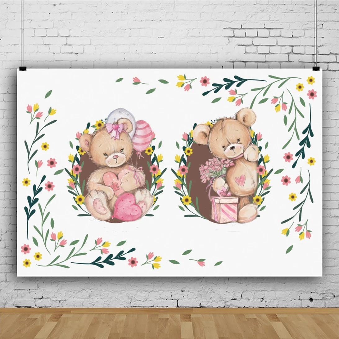 Laeacco Teddy Bear Baby Shower Birthday Party Photography Background Customized Banner Poster Child Photozone Photo Backdrops