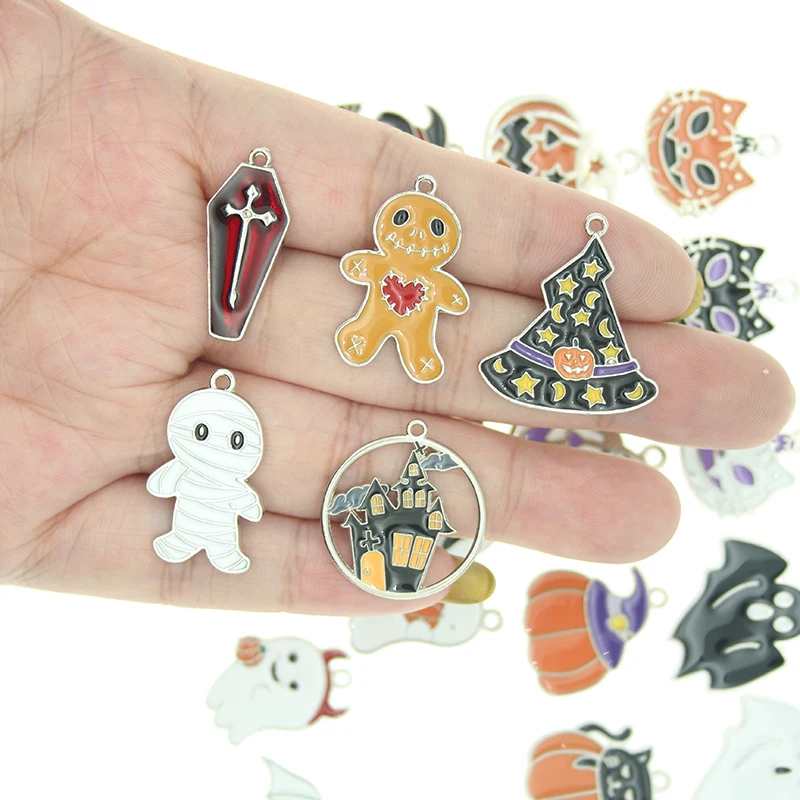 10pcs/lot Silver Color Halloween Charms Enamel Pumpkin Bat Ghost Cat Pendant for Jewelry Making Necklaces Earring DIY Crafts