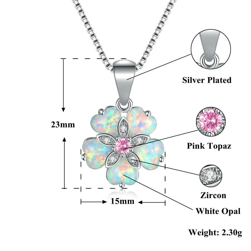 CiNily White Fire Opal Pink Stone Necklace Flower Silver Plated Chain Zircon Pendant Charm Summer Jewelry Female Gifts for Women