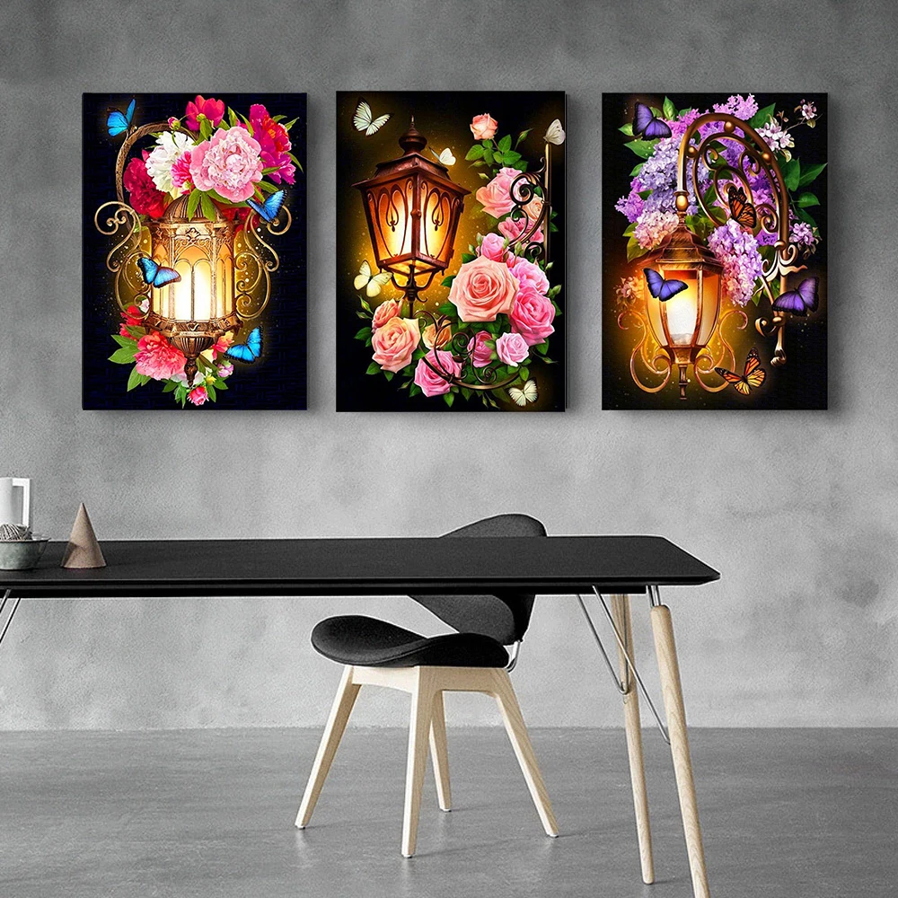 

CHENISTORY 3PC Diy Pictures By Numbers Kits For Adults Handpainted Street Lamp Scenery With Flowers Oil Painting By Number