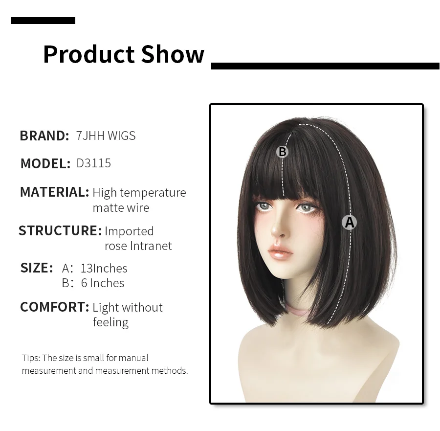 7JHH WIGS Black Straight Short Bob Synthetic Wig for Girl Daily Wear Crochet Hair New Style Natural Heatresistant Wig With Bang