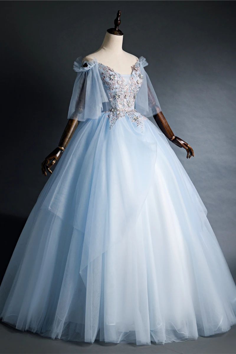 100%real light blue embroidery vintage ball gown royal Medieval Renaissance Victorian dress Belle ball