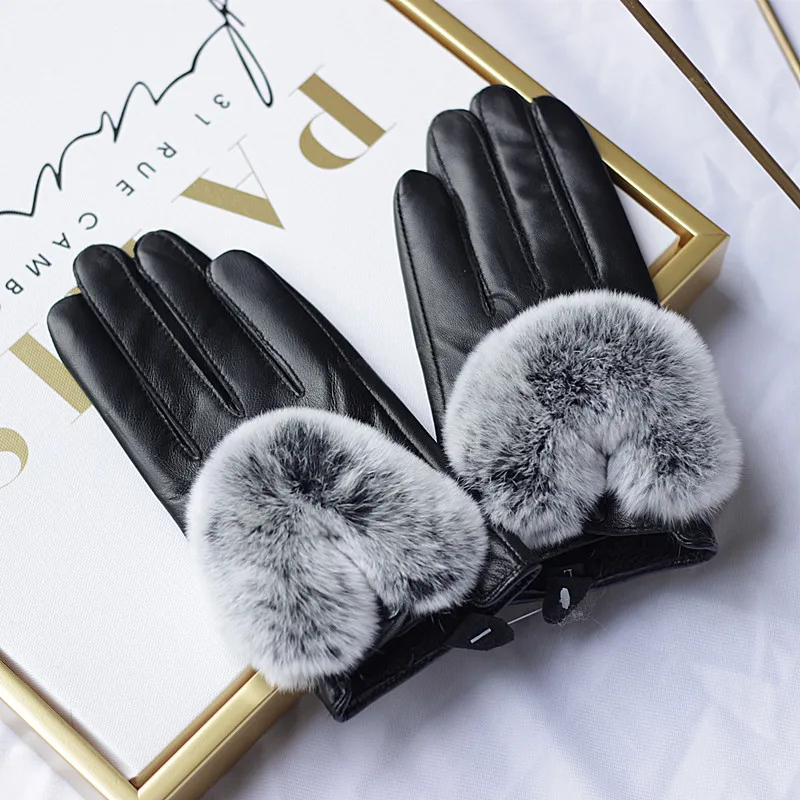 Winter Women Genuine Sheepskin Leather Gloves With Rex Rabbit Fur Trimming Fashion Warm Female Hand Warmer Femme Gloves