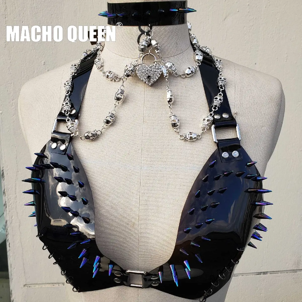 Handmade Gothic Holographic Spike Skull Chain Choker Rivet Black Latex PVC Vinyl Bra Top Drak Goth  Costumes Adujstable Size