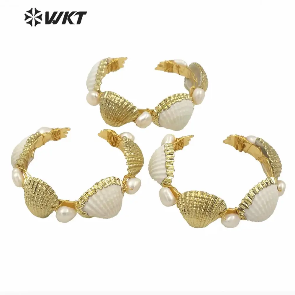 MPB025 WKT Amazing Handmade Wire Wrapped Shell Bangle Newest Gold Electroplated Natural Scallop Cuff