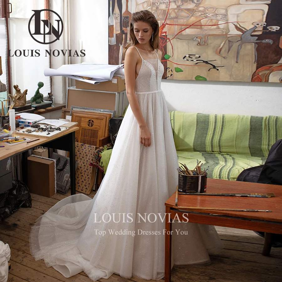 Louis Novias A-lijn Trouwjurk 2022 Sexy Strand Spaghetti Bridal Gown Glanzende Stof V-hals Ademend Vestidos De Novia