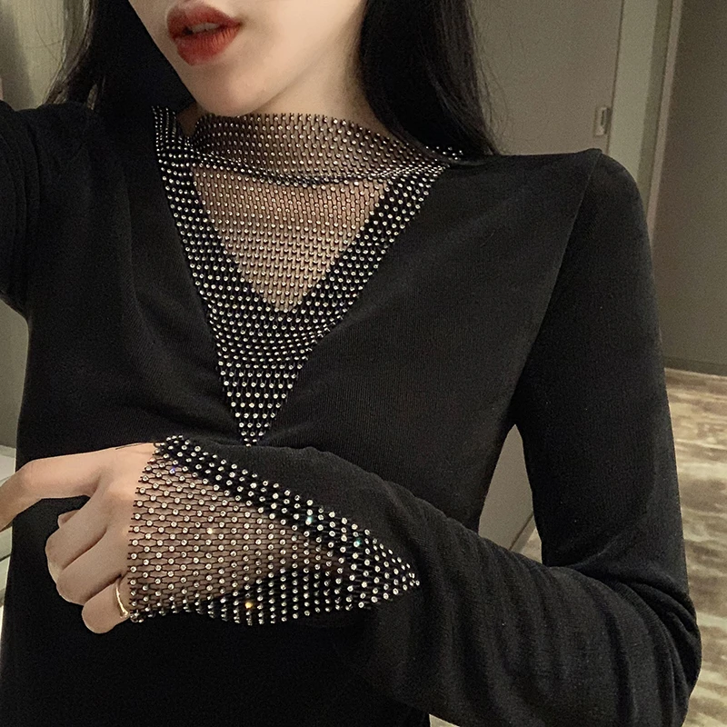 Autumn Winter Sequin T Shirt Women Long Sleeve Hot drilling Patchwork Slim Sexy Woman Mesh Black Tee shirt Women Tops 2022 DD01