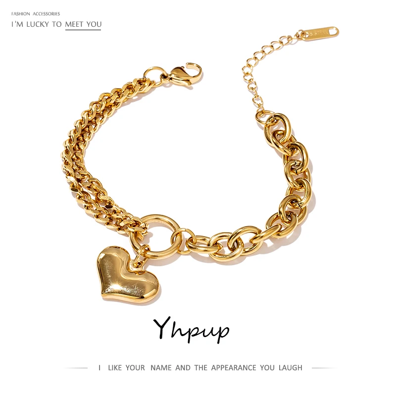 Yhpup Statement Heart Pendant Bracelet Stainless Steel Gold 18 K Plated Jewelry Trendy Metal Texture Accessories for Women