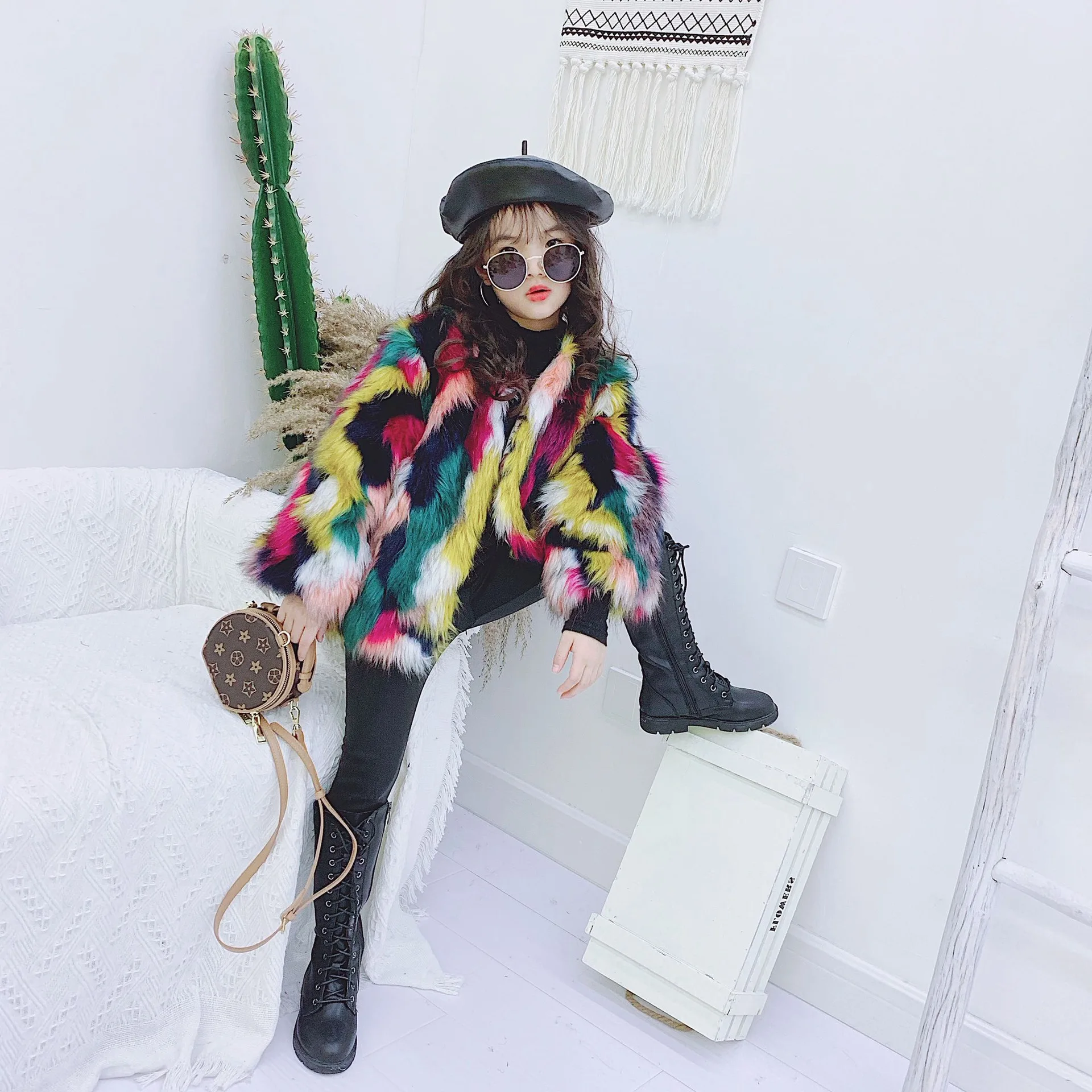 Children Fashion Winter coat Kid's Multicolor Faux Fur Jacket / Baby girl glam faux fur coat / Girls coat CT096